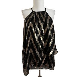 Alice Trixie Silk Asymmetrical Metallic Tank Top L Black Gold